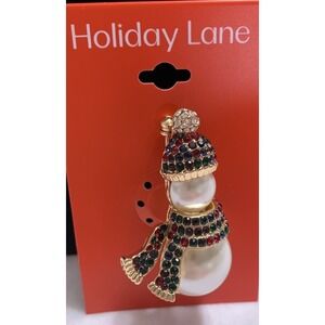 Holiday Lane Snowman Brooch Faux Pearl Rhinestone Gold Tone Christmas Pin